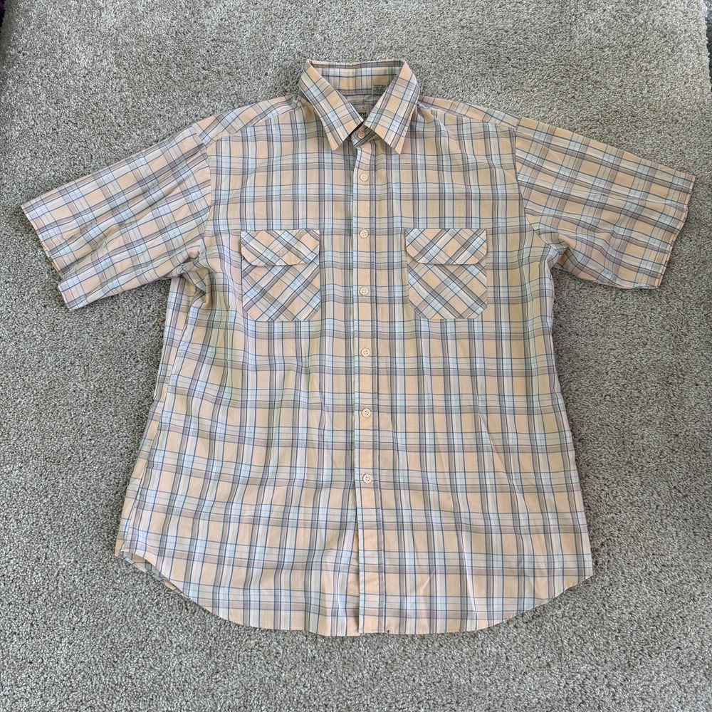 Vintage 80s 90s Kingsport Shirt Mens Large Beige Plaid Short Sleeve Button Up
